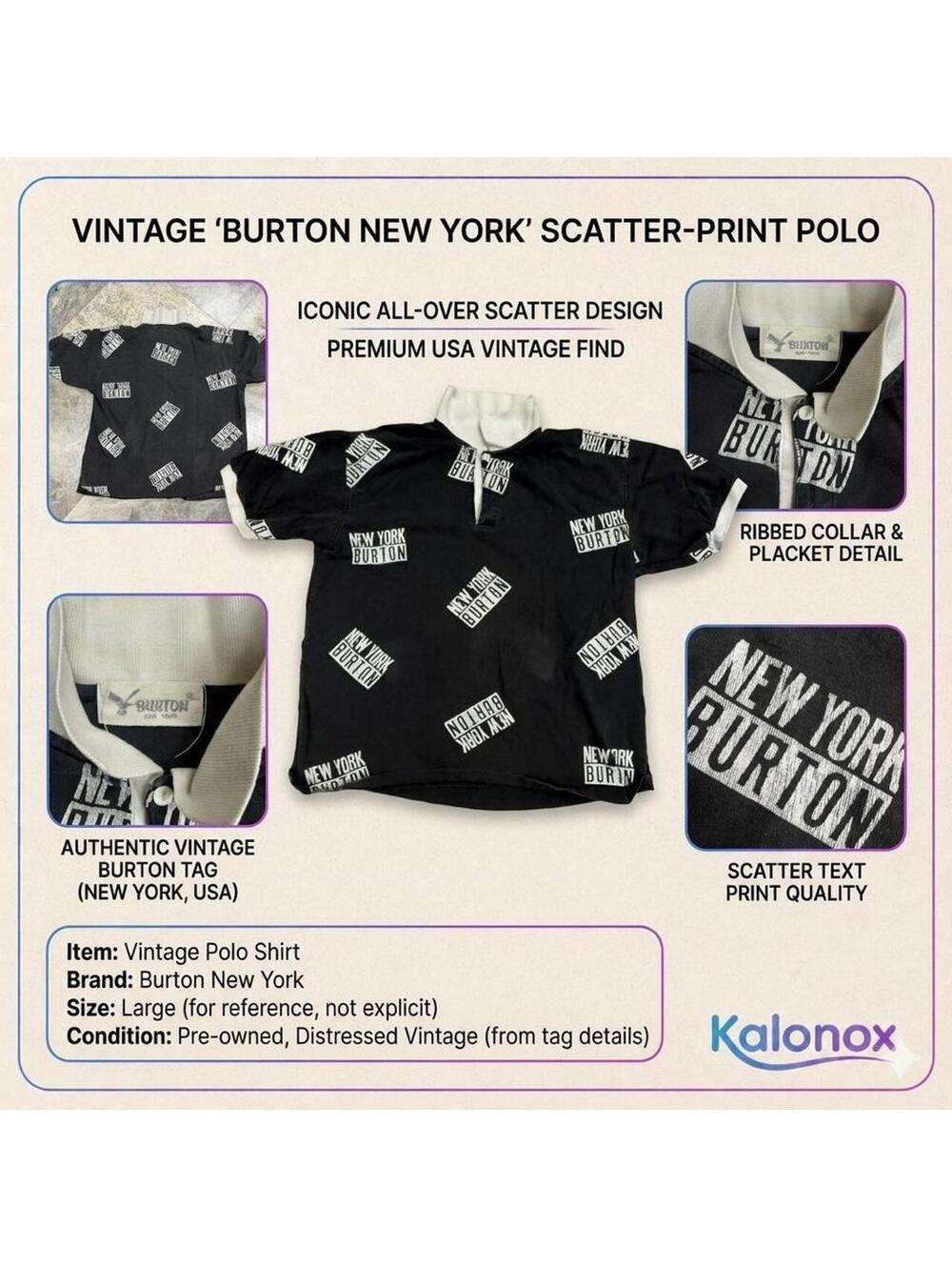 Vintage Burton New York All Over Print Polo Shirt Black White Streetwear